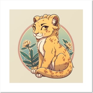 Beautiful lioness in a circle with flowers Posters and Art